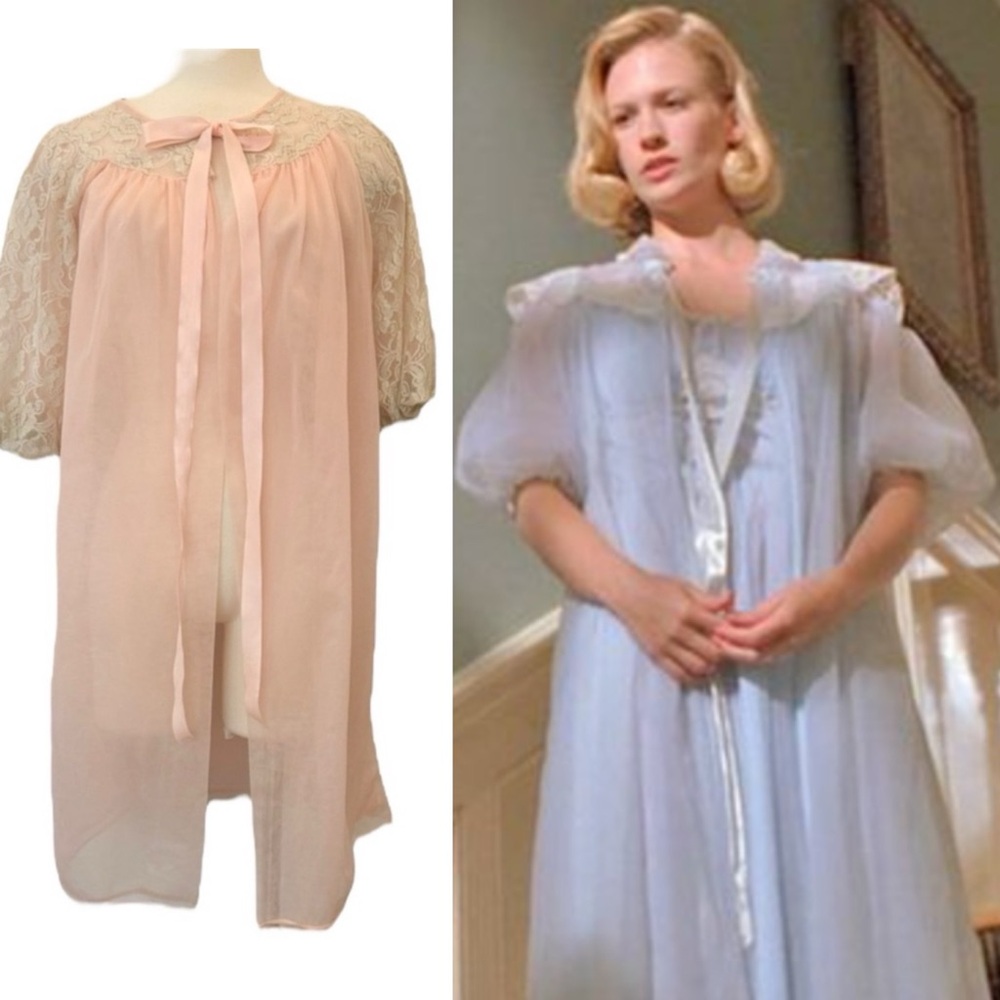 Vintage 60s Sheer Chiffon Peach Ivory Lace Dressing Gown MCM Peignoir Robe